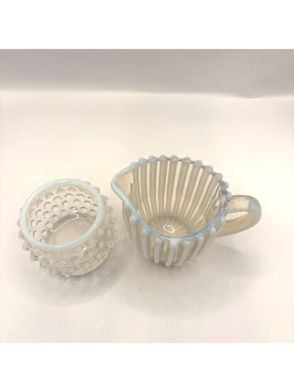 Vintage Opalescent Glass Hobnail Sugar Bowl and Ribbed Creamer Set - Picture 2 of 6